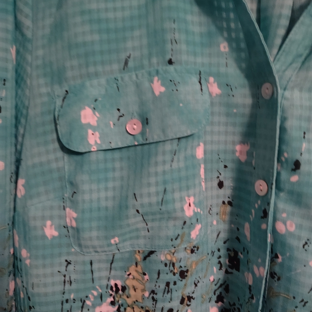 Western Turquoise Abstract Front Upper Pockets Rodeo Button Down Shirt - Picture 4 of 8